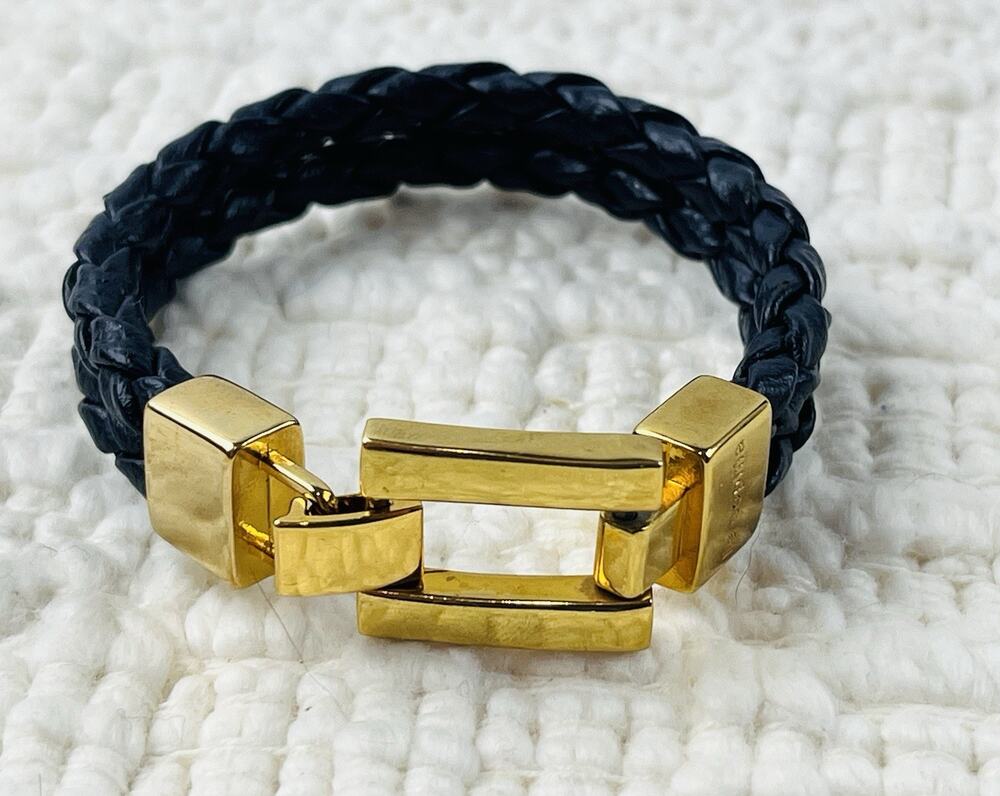 Lia Sophia Bracelet Black Leather or Faux and Gold Buckle Fold over Cord Braided